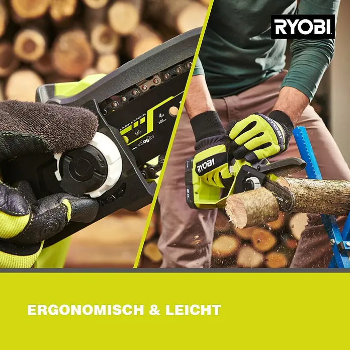 Ryobi ONE+ Akku-Astsäge RY18PSX10A-120 - 18 V, 2 Ah, Li-Ionen, 1 Akku, Schwertlänge: 10 cm - Bild einer Akku-Kettensäge von RYOBI im Einsatz, die ein Stück Holz schneidet. Das Werkzeug ist ergonomisch und leicht.