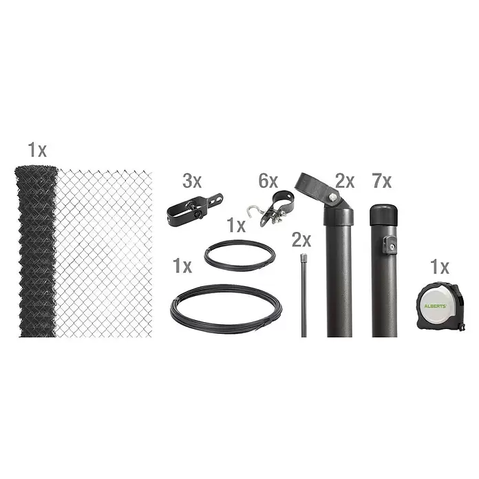 Alberts Maschendrahtzaun-Set - L x H: 15 m x 100 cm, Anthrazit - Dunkelgraues Maschendrahtzaun-Set: Zaunrolle, Pfosten, Drähte, Klemmen und Maßband.