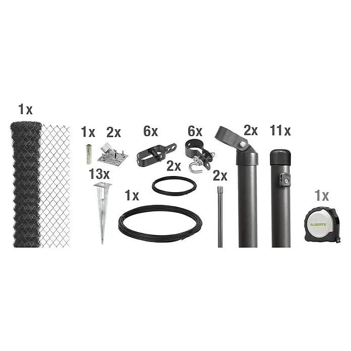 Alberts Maschendrahtzaun-Set - L x H: 25 m x 100 cm, Anthrazit, Mit Bodenhülse - Set mit schwarzem Maschendrahtzaun, dunklen Zaunpfosten, Drähten und verschiedenen Befestigungsteilen für die Zaunmontage.