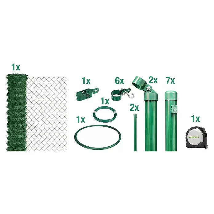 Alberts Maschendrahtzaun-Set - L x H: 15 m x 100 cm, Grün - Grünes Maschendrahtzaun-Set: Drahtgeflecht, Pfosten, Drähte, Spanner, Klemmen und ein Maßband.