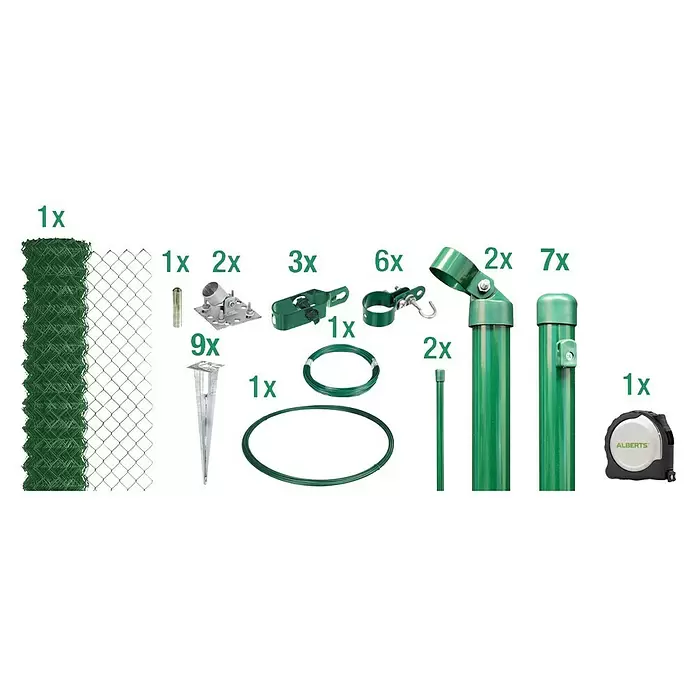 Alberts Maschendrahtzaun-Set - L x H: 15 m x 150 cm, Grün, Mit Bodenhülse - Grünes Maschendrahtzaun-Set mit Zaun, Pfosten und Montagezubehör.