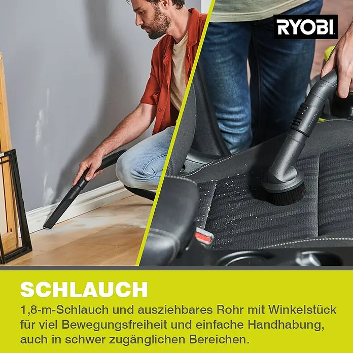 Ryobi ONE+ Akku-Nass-Trockensauger R18WDV-0 - 18 V, Ohne Akku, Behältervolumen: 18 l - Bild eines RYOBI Staubsaugers mit Schlauch und ausziehbarem Rohr zur einfachen Reinigung von Ecken und Autositzen.