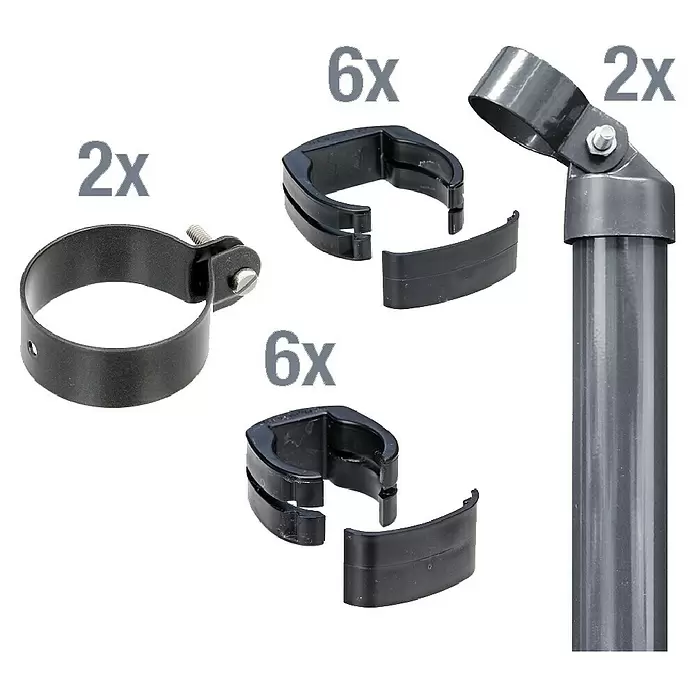 Alberts Zaunanschluss-Set - Passend für: Schweißgitterzaun vom Typ Fix-Clip Pro® mit 1020 mm, Anthrazit, Einbetonieren - Satz dunkelgrauer/schwarzer Rohrkomponenten: 2 verstellbare Metallschellen, 12 zweiteilige Kunststoffschellen, 2 abgewinkelte Verbinder.