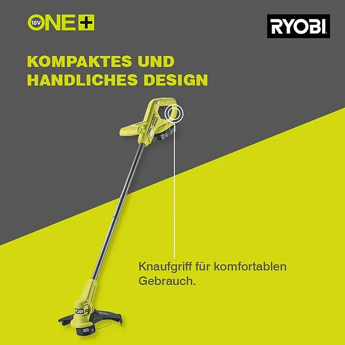 Ryobi ONE+ Akku-Rasentrimmer RY18LT23A-0 - 18 V, Li-Ionen, Ohne Akku - Die Ryobi Akku-Rasentrimmer ONE+ mit seinem kompakten und handliches Design, der für komfortablen Gebrauch sorgt.