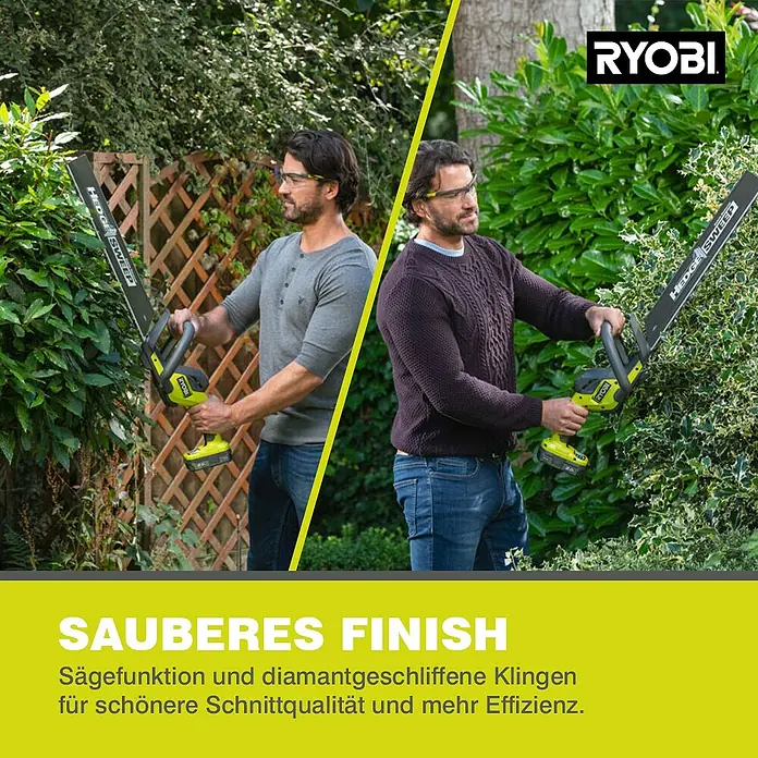 Ryobi ONE+ Akku-Heckenschere RY18HT50A-125 - 18 V, Li-Ionen, 1 Akku - Zwei Männer im Garten, die eine RYOBI Heckenschere benutzen, um die Hecken zu schneiden.
