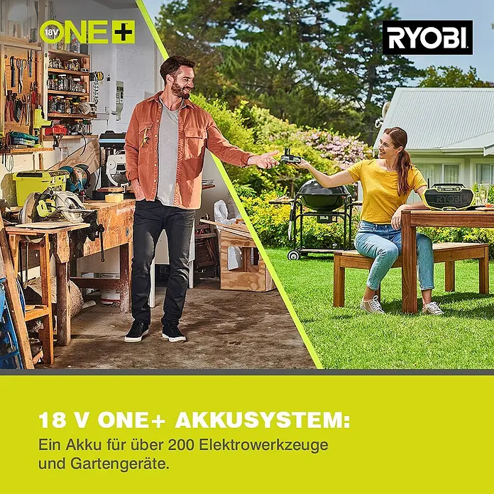Ryobi ONE+ Akku-Reinigungsbürste R18TPS-0 - 18 V, Ohne Akku - Werbebild für das RYOBI 18V ONE+ Akkusystem mit über 200 Elektrowerkzeugen und Gartengeräten.