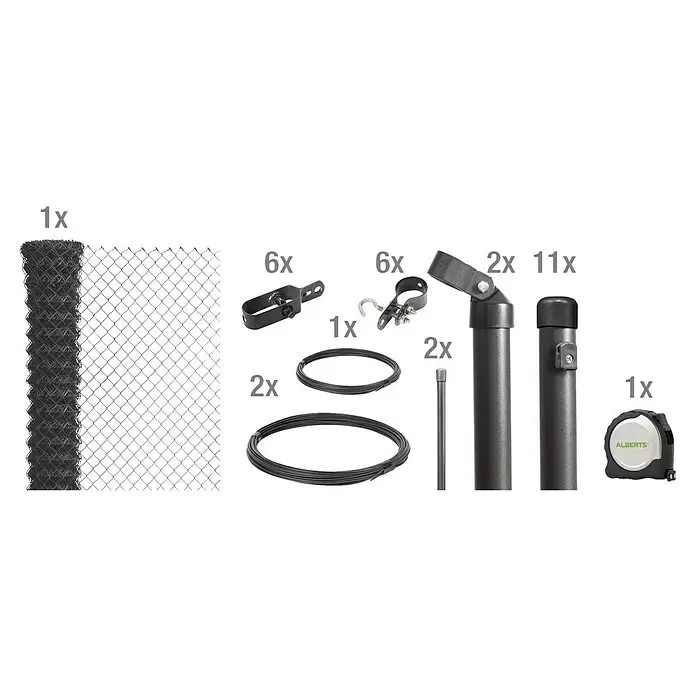 Alberts Maschendrahtzaun-Set - L x H: 25 m x 80 cm, Anthrazit - Dunkelgraues Maschendrahtzaun-Set: mit Zaun, verschiedenen Pfosten, schwarzen Spanndrähten, Klemmen und einem Maßband.