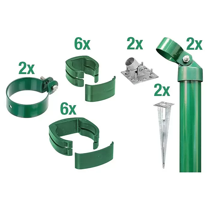 Alberts Zaunanschluss-Set - Passend für: für Wellengittertor an Schweißgitter Fix-Clip Pro® mit 1020 mm Höhe, Grün - Grünes und silbernes Zaunpfahlzubehör: verstellbare Klemmen, Clips, Erdspieße, Pfahlbasen und Eckverbinder.