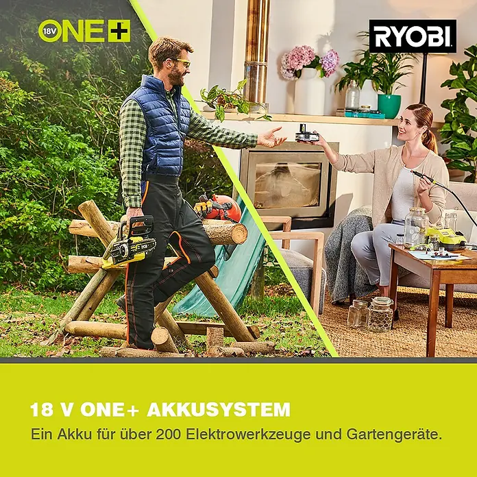 Ryobi ONE+ Akku-Astsäge RY18PSX10A-120 - 18 V, 2 Ah, Li-Ionen, 1 Akku, Schwertlänge: 10 cm - Das Bild zeigt das RYOBI 18V ONE+ Akkusystem mit Gartengeräten und Elektrowerkzeugen für Haus und Garten.