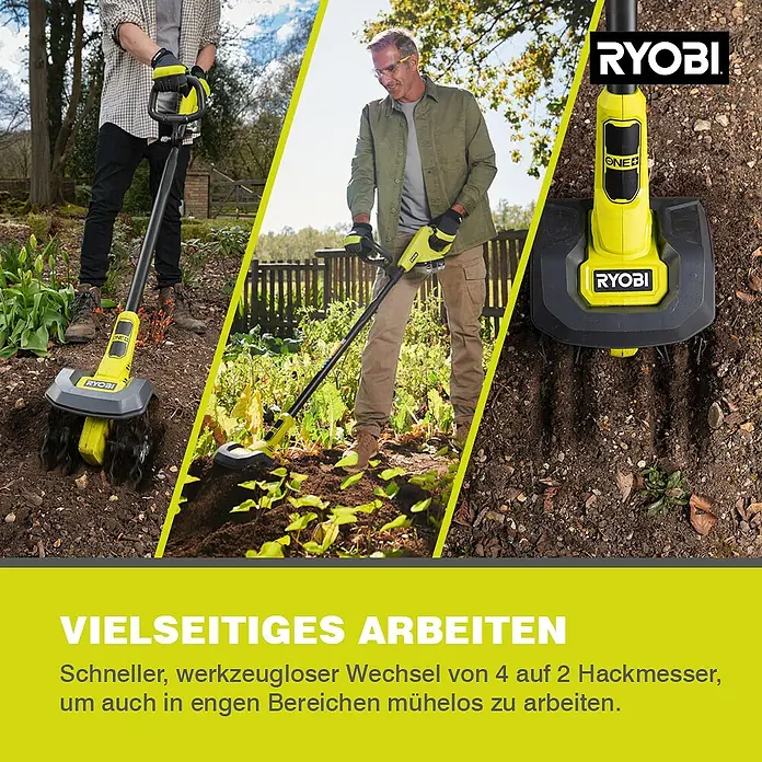 Ryobi ONE+ Akku-Bodenhacke RY18CVA-0 - Ohne Akku, Li-Ionen, 18 V - Das Bild zeigt eine RYOBI ONE+ Gartenhacke in Aktion, die für vielseitige Gartenarbeiten und müheloses Arbeiten in engen Bereichen konzipiert ist.