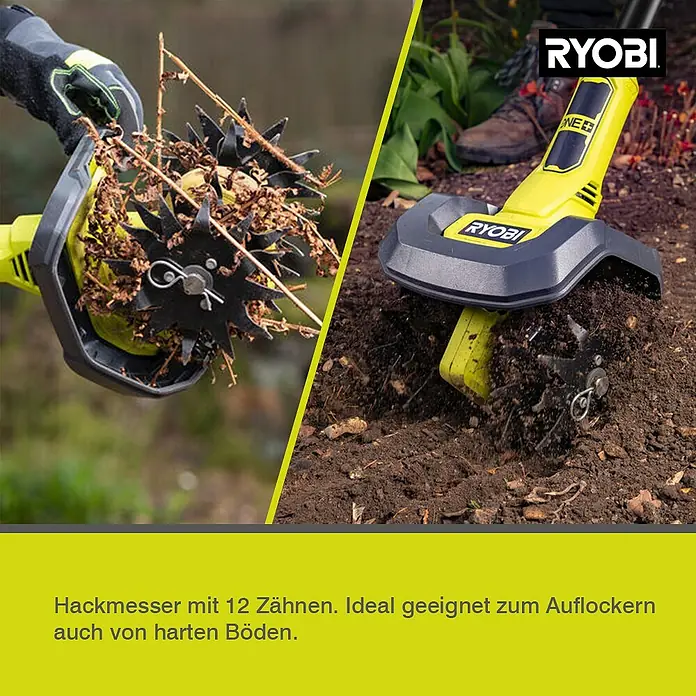 Ryobi ONE+ Akku-Bodenhacke RY18CVA-0 - 18 V, Ohne Akku - Das Bild zeigt einen gelben Ryobi-Bodenbearbeiter mit 12 Zähnen, ideal zum Auflockern harter Böden.