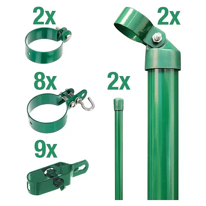 Alberts Zaunanschluss-Set - Passend für: Maschendrahtzäune mit 2000 mm Höhe, Grün, Einbetonieren - Grüne Metallzaun-Zubehörteile: Rohrschellen, Hakenhalterungen, Winkel, Pfosten und verstellbare Pfostenverbinder.