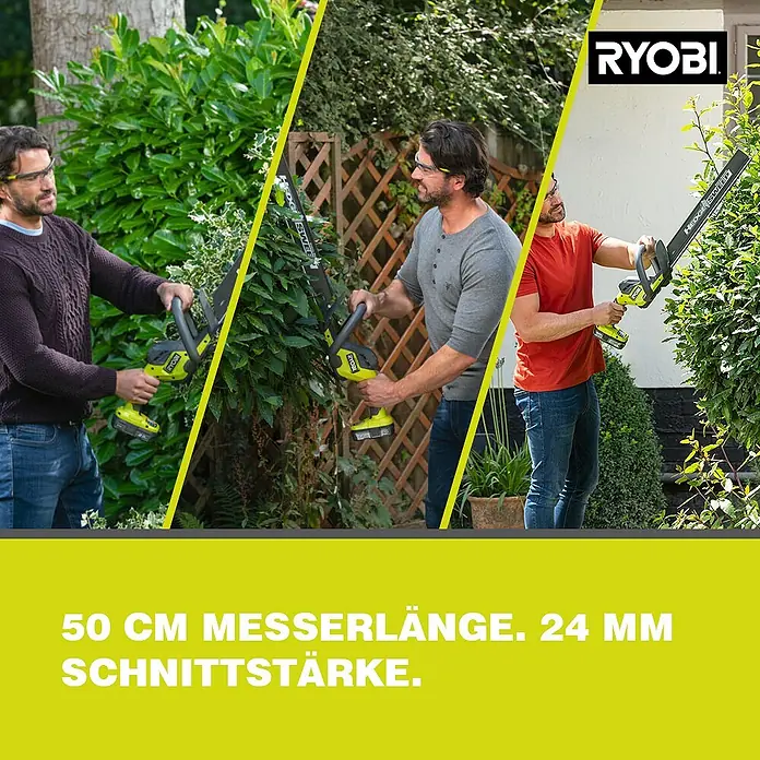 Ryobi ONE+ Akku-Heckenschere RY18HT50A-125 - 18 V, Li-Ionen, 1 Akku - Ryobi Heckenschere in Aktion. 50 cm Messerlänge, 24 mm Schnittstärke für präzise Ergebnisse im Garten.