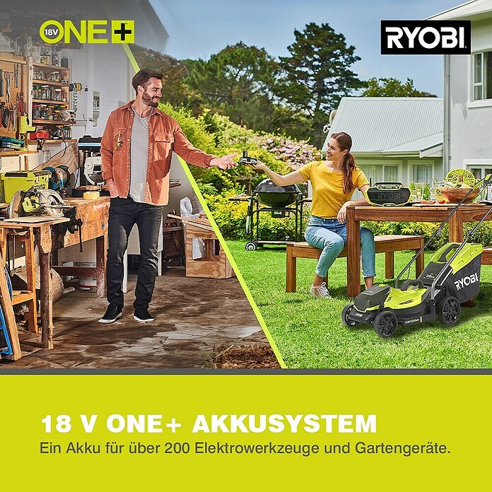 Ryobi ONE+ Akku-Rasenmäher (18 V, Li-Ionen, 4 Ah, 1 Akku, Schnittbreite: 33 mm)