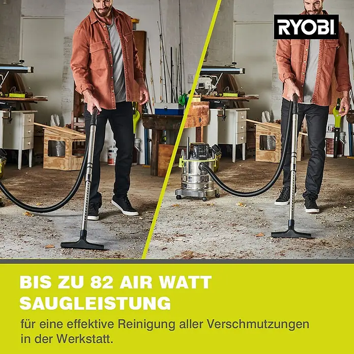 Ryobi ONE+ Akku-Nass-Trockensauger R18WDV-0 - 18 V, Ohne Akku, Behältervolumen: 18 l - Bild eines RYOBI-Werkstattsaugers mit hoher Saugleistung für effektive Reinigungsarbeiten in der Werkstatt.