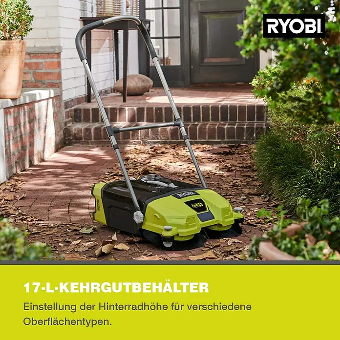 Ryobi ONE+ Akku-Handkehrmaschine R18SW3-0 - 18 V, Ohne Akku, Behältervolumen: 17 l - Der Ryobi Kehrmaschine mit 17-L-Kehrgutbehälter und einstellbarer Hinterradhöhe für verschiedene Oberflächentypen.