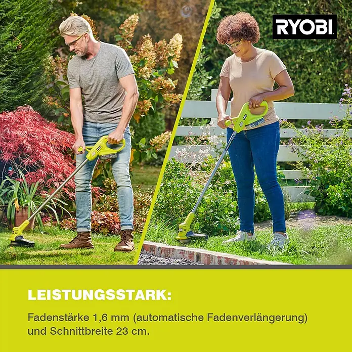 Ryobi ONE+ Akku-Rasentrimmer RY18LT23A-0 - 18 V, Li-Ionen, Ohne Akku - Eine Rasentrimmer-Szene mit zwei Personen, die das RYOBI-Produkt verwenden, hervorgehoben durch Textinformationen.