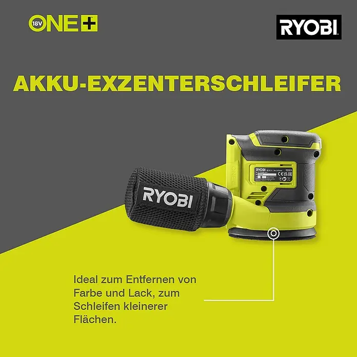 Ryobi ONE+ Akku-Exzenterschleifer RROS18-0 - 18 V, Ohne Akku, Durchmesser Schleifteller: 125 mm - Produktbild eines Akku-Exzenterschleifers von Ryobi ONE+ mit Staubbeutel und Hinweisen zur idealen Verwendung zum Schleifen.