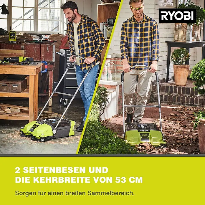 Ryobi ONE+ Akku-Handkehrmaschine R18SW3-0 - 18 V, Ohne Akku, Behältervolumen: 17 l - Zwei Männer benutzen einen RYOBI ONE+ Kehrmaschine im Innen- und Außenbereich.