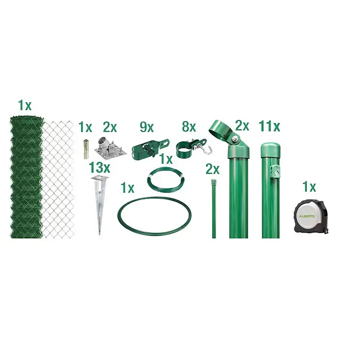 Alberts Maschendrahtzaun-Set - L x H: 25 m x 200 cm, Grün, Mit Bodenhülse - Grünes Maschendrahtzaun-Set mit Geflechtrollen, Pfosten, Beschlägen, Draht und Montagewerkzeugen.