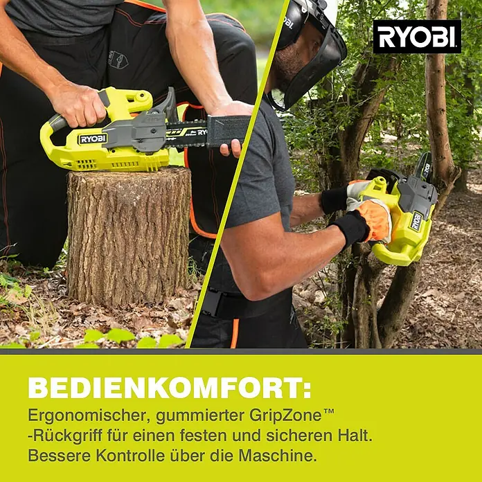 Ryobi ONE+ Akku-Kettensäge RY18CS20A-0 - 18 V, Li-Ionen, Ohne Akku, Schwertlänge: 20 cm - Bild einer Ryobi Akku-Kettensäge in Aktion, die Bedienerfreundlichkeit und Kontrolle beim Sägen demonstriert.