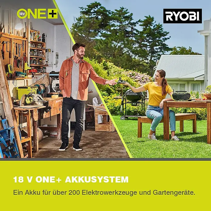 Ryobi ONE+ Akku-Handkehrmaschine R18SW3-0 - 18 V, Ohne Akku, Behältervolumen: 17 l - Das Bild zeigt das RYOBI ONE+ Akkusystem, das für über 200 Elektrowerkzeuge und Gartengeräte geeignet ist.