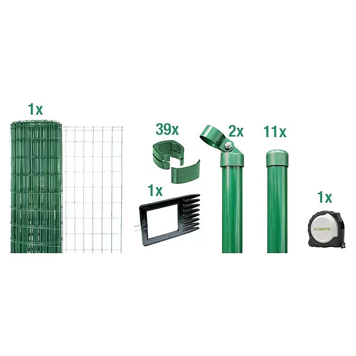 Alberts Maschendrahtzaun-Set Fix-Clip Pro® - L x H: 25 m x 122 cm, Grün - Bestandteile für einen grünen Gartenzaun: Maschendrahtrolle, Klammern, Pfosten, ein Spitzwerkzeug und ein Maßband.