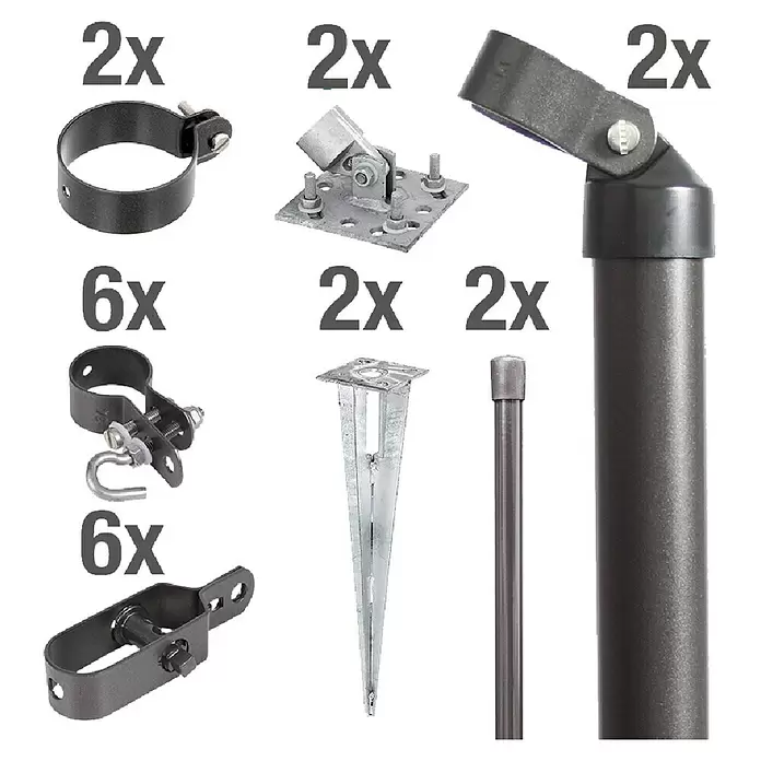 Alberts Zaunanschluss-Set - Passend für: Maschendrahtzäune mit 1000 mm Höhe, Anthrazit-Metallic - Sortiment aus dunkelgrauen Metall- und verzinkten Zaunbeschlägen, inkl. Schellen, Bodenplatten, Pfostenkappen, Erdspießen, Stangen und Spannern.