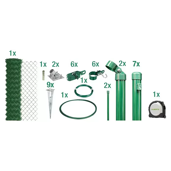 Alberts Maschendrahtzaun-Set - L x H: 15 m x 175 cm, Grün, Mit Bodenhülse - Grünes Zaunbau-Set mit Drahtgeflecht, Pfosten, Ankern, Spannern und Drähten, inklusive Maßband.