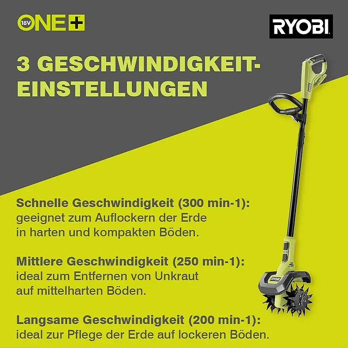 Ryobi ONE+ Akku-Bodenhacke RY18CVA-0 - Ohne Akku, Li-Ionen, 18 V - Ryobi ONE+ Bodenhacke mit 3 Geschwindigkeitsstufen für verschiedene Bodenarten, ideal für jeden Gärtner.