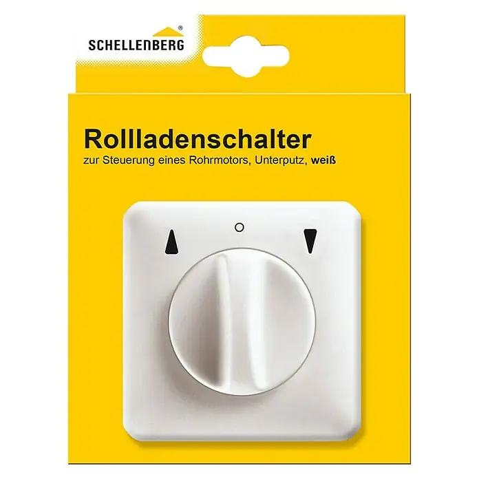 Schellenberg Interruptor para persianas - Botón giratorio, Específico para: Persianas, toldos y estores motorizados - Esta imagen muestra un interruptor de persianas enrollables Schellenberg blanco. Está diseñado para controlar motores tubulares y es empotrable.
