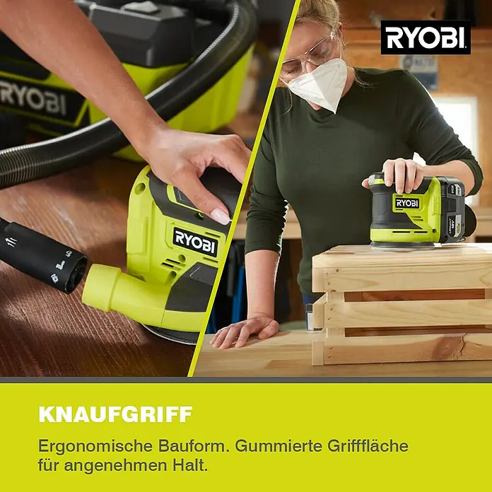 Ryobi ONE+ Akku-Exzenterschleifer RROS18-0 - 18 V, Ohne Akku, Durchmesser Schleifteller: 125 mm - Bild von zwei Ryobi-Schleifgeräten mit gelbem Akzent und dem Text "Knaufgriff, ergonomische Bauform, gummierte Grifffläche für angenehmen Halt."