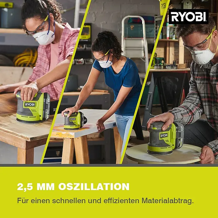 Ryobi ONE+ Akku-Exzenterschleifer RROS18-0 - 18 V, Ohne Akku, Durchmesser Schleifteller: 125 mm - RYOBI Exzenterschleifer im Einsatz, ideal für schnellen Materialabtrag bei diversen Holzbearbeitungsprojekten.