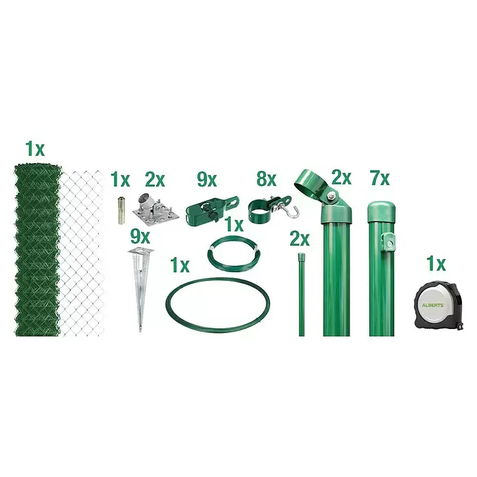 Alberts Maschendrahtzaun-Set - L x H: 15 m x 200 cm, Grün, Mit Bodenhülse - Grünes Metallzaun-Set mit Maschendrahtzaun, Pfosten, Verbindern, Draht und Zubehör für die Gartenmontage.