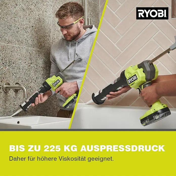 Ryobi ONE+ Akku-Kartuschenpresse RCG18-0 - 18 V, Ohne Akku - Bild einer Ryobi Akku-Kartuschenpistole im Einsatz. Hoher Auspressdruck für verschiedene Viskositäten.