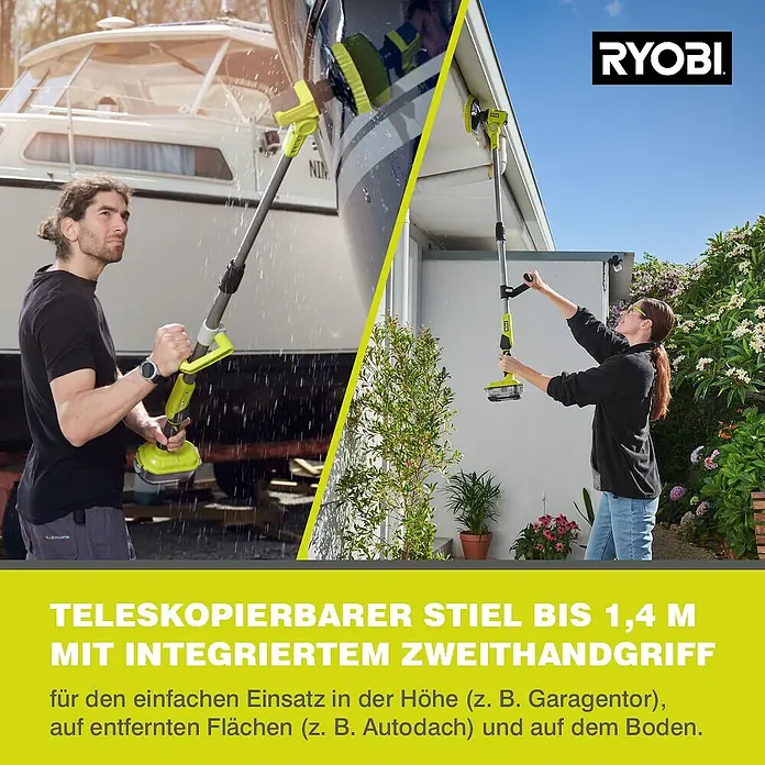 Ryobi ONE+ Akku-Reinigungsbürste R18TPS-0 - 18 V, Ohne Akku - Teleskopierbarer Reinigungsbürste mit integriertem Zweithandgriff für den einfachen Einsatz in der Höhe, auf Flächen und am Boden.