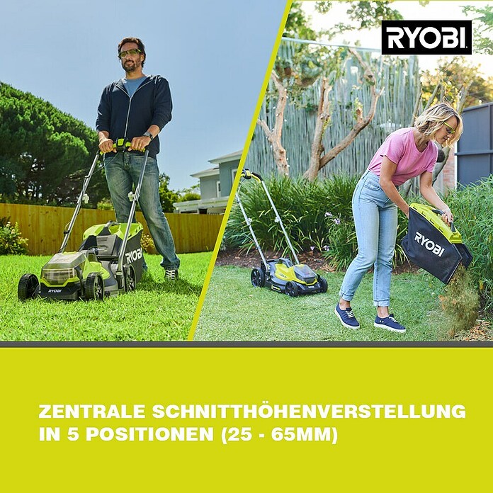 Ryobi ONE+ Akku-Rasenmäher (18 V, Li-Ionen, 4 Ah, 1 Akku, Schnittbreite: 33 mm)