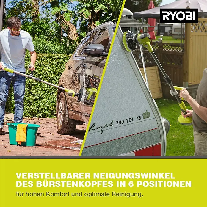 Ryobi ONE+ Akku-Reinigungsbürste R18TPS-0 - 18 V, Ohne Akku - Der Ryobi Bürstenkopf mit verstellbarem Neigungswinkel in 6 Positionen für hohen Komfort und optimale Reinigung.