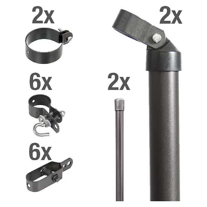 Alberts Zaunanschluss-Set - Passend für: Maschendrahtzäune mit 800 mm Höhe, Anthrazit-Metallic, Einbetonieren - Sortiment dunkler Metallzaunbeschläge: Schellen, Hakenverschlüsse, Spanner und zwei Pfostenarten.