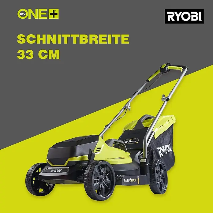 Ryobi ONE+ Akku-Rasenmäher-Set Kombo-Kit RLM1833BLT1825M mit Akku-Rasentrimmer - 1 Akku, 4 Ah - Der Ryobi ONE+ Akku-Rasemäher mit 33 cm Schnittbreite für präzise Ergebnisse.