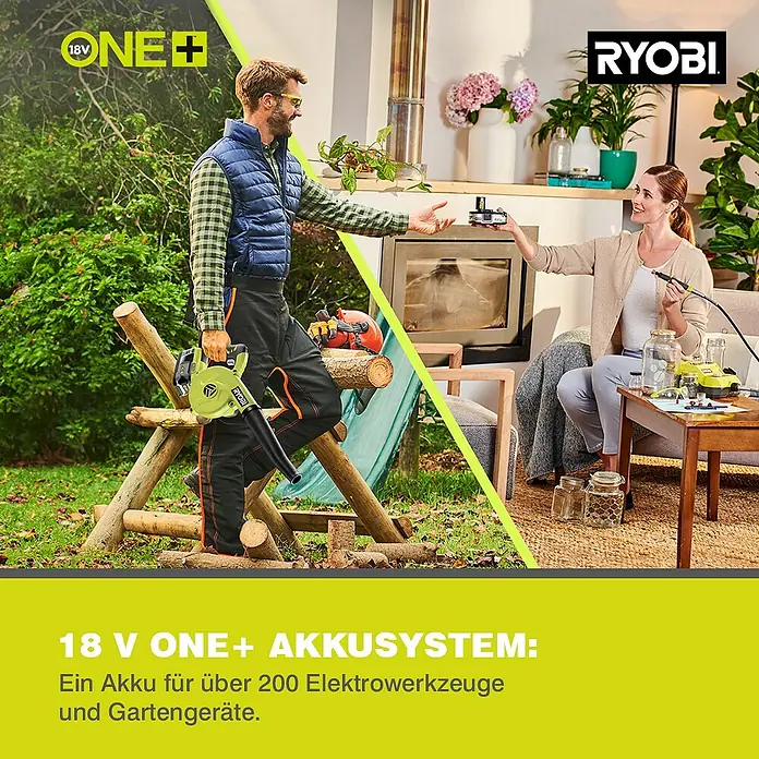 Ryobi ONE+ Akku-Gebläse R18TB-0 - 18 V, Li-Ionen, Ohne Akku - Das Bild zeigt das RYOBI 18V ONE+ Akkusystem, mit einem Akku für über 200 Elektrowerkzeuge und Gartengeräte.