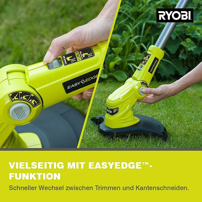 Ryobi ONE+ Akku-Rasentrimmer RLT183225F - 18 V, 2,5 Ah, Li-Ionen, 1 Akku - Nahaufnahme des Ryobi EasyEdge™ Kantenschneiders, der die einfache Umstellung zwischen Trimmen und Kantenschneiden demonstriert.