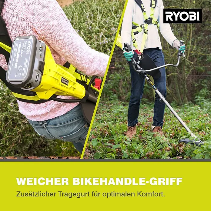 Ryobi ONE+ Akku-Motorsense OBC1820B - 18 V, Ohne Akku - Das Bild zeigt eine Akku-Motorsense von Ryobi mit einem weichen Bikehandle-Griff und einem zusätzlichen Tragegurt für optimalen Komfort.