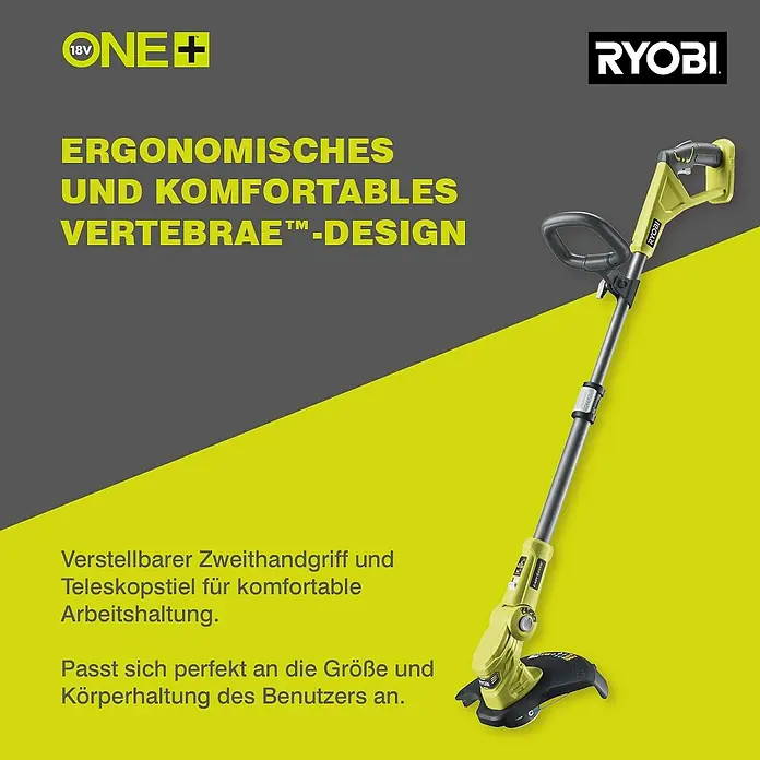 Ryobi ONE+ Akku-Rasentrimmer RLT183225F - 18 V, 2,5 Ah, Li-Ionen, 1 Akku - Bild des RYOBI ONE+ Akku-Rasentrimmers mit ergonomischem Vertebrae™-Design für komfortables Arbeiten.