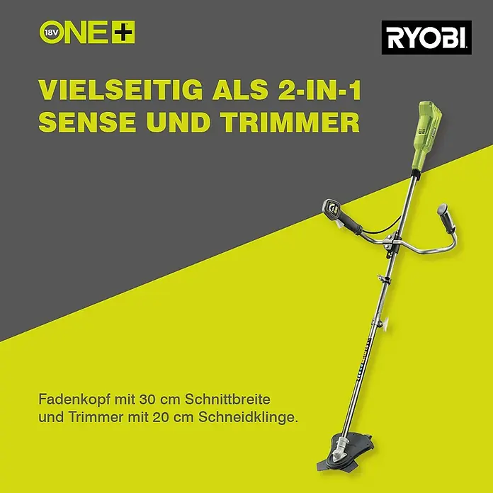 Ryobi ONE+ Akku-Motorsense OBC1820B - 18 V, Ohne Akku - Die Ryobi 2-in-1 Sense und Trimmer: Vielseitiges Gartengerät für präzise Rasenpflege und Trimm arbeiten.