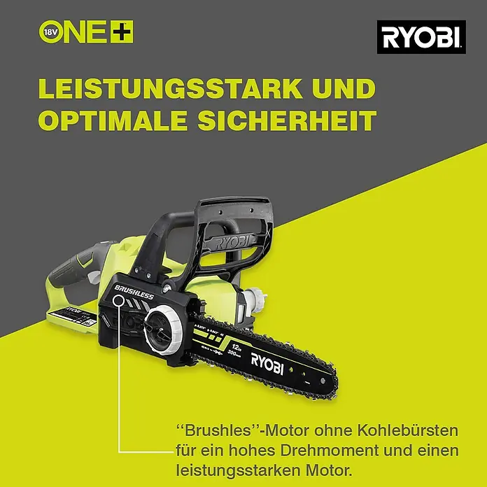 Ryobi ONE+ Akku-Kettensäge - 18 V, Li-Ionen, Ohne Akku, Schwertlänge: 30 cm - RYOBI Akku-Kettensäge mit bürstenlosem Motor für hohe Leistung und optimalen Drehmoment, ideal für Gartenarbeiten.