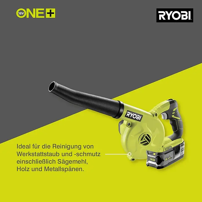 Ryobi ONE+ Akku-Gebläse R18TB-0 - 18 V, Li-Ionen, Ohne Akku - Abbildung eines gelb-schwarzen Ryobi ONE+ Akku-Gebläses, ideal zum Reinigen von Werkstätten von Staub, Schmutz, Sägemehl, Holz- und Metallspänen.