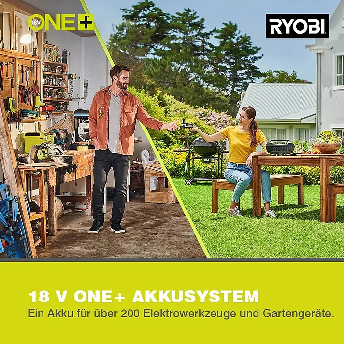 Ryobi ONE+ Teleskop-Heckenschere OPT1845 - 18 V, Li-Ionen, Ohne Akku - Das Bild zeigt das RYOBI ONE+ Akkusystem mit Werkzeugen und Gartengeräten, die alle mit einem Akku betrieben werden können.