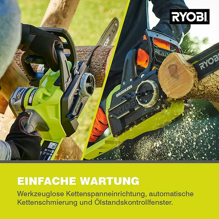 Ryobi ONE+ Akku-Kettensäge - 18 V, Li-Ionen, Ohne Akku, Schwertlänge: 30 cm - RYOBI Akku-Kettensäge im Einsatz: Werkzeuglose Kettenspannung und automatische Kettenschmierung für einfache Wartung.