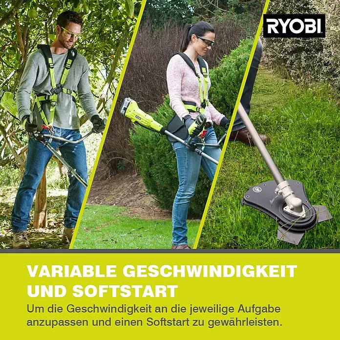 Ryobi ONE+ Akku-Motorsense OBC1820B - 18 V, Ohne Akku - Zwei Personen mit Ryobi-Rasentrimmern, hervorgehoben sind variable Geschwindigkeiten und ein sanfter Start für eine präzise Gartenarbeit.
